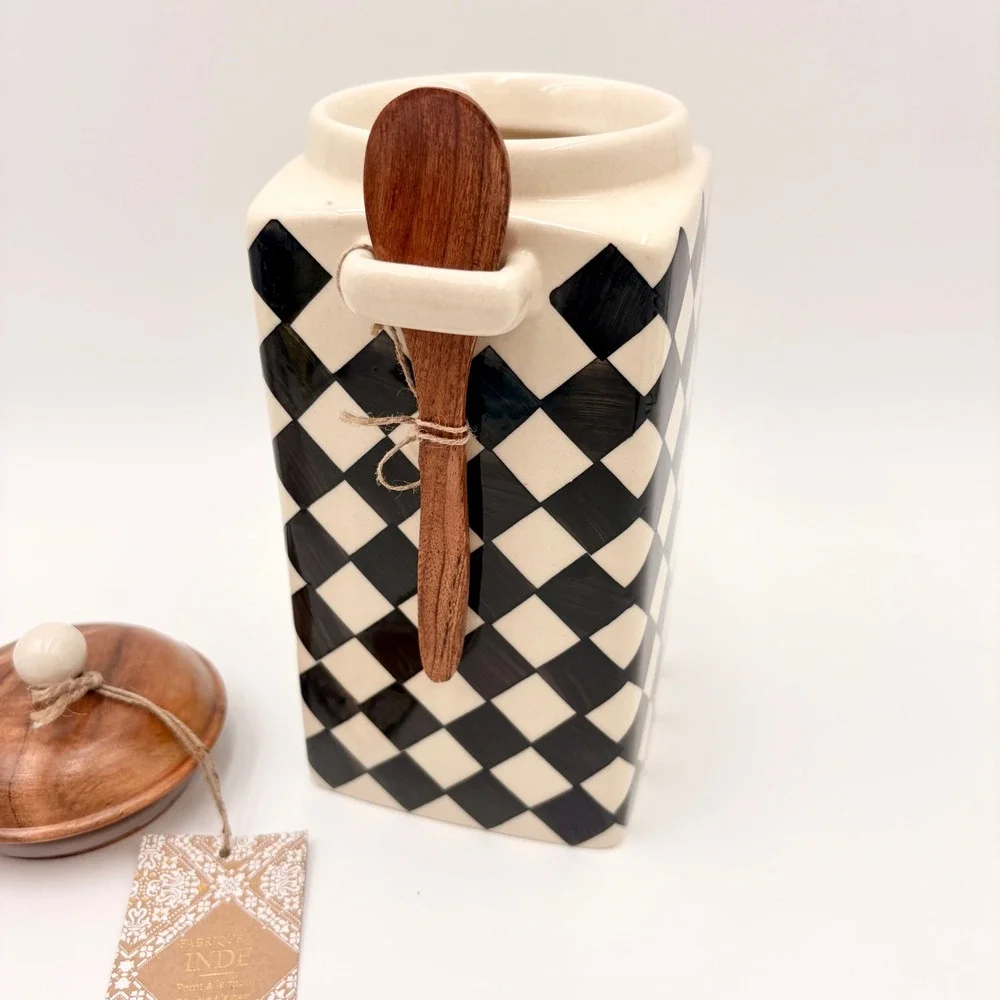 Hand Painted Black White Checkered Ceramic Canister with Wood Lid and Spoon